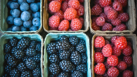 Different types of berries, freshly picked and displayed in boxes at a farmer's market, rich in color and texture.の素材