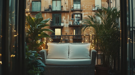 A whimsical balcony adorned with fairy lights, featuring a quaint loveseat with white cushions and lush potted plants for privacy.の素材