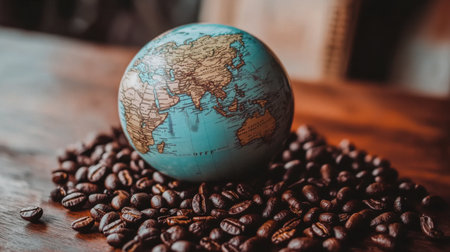 Coffee beans spilling over a textured globe, representing the international coffee trade and global connection.の素材