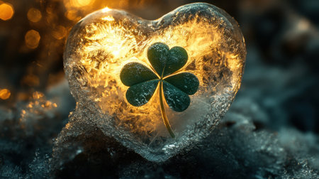 Close-up of a heart-shaped ice block with a green four-leaf clover frozen within, sparkling and reflecting light.の素材