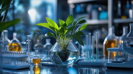 Close-up of plants growing in a hydroponic system inside a lab greenhouse, surrounded by scientific tools and test tubes.の素材