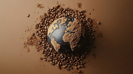 Earth globe made of coffee beans, symbolizing the global coffee trade, with rich brown tones and natural textures.の素材