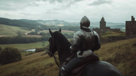 Knight in full armor on horseback, poised for battle, with a medieval landscape in the background, his horse standing tallの素材