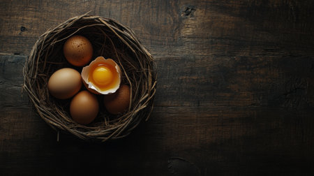 Brown eggs in a rustic basket on a dark wooden table, with a broken egg revealing its yolk, space for design or copy, creating a farm-fresh feelの素材