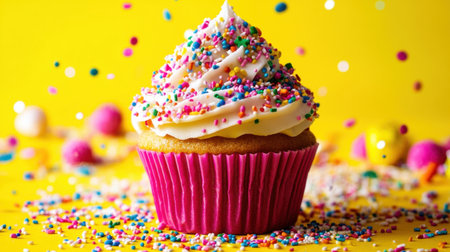 A bright birthday cupcake covered in colorful sprinkles on a vibrant yellow background, ready for celebration.の素材