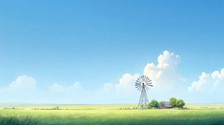 Panoramic farm scene featuring a classic windmill in a green pasture, with open skies above and space for adding design or textの素材