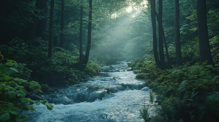 Mystical anime forest banner, serene woodland scene with soft glowing light, vibrant plant life, and a river gently flowing through the center.の素材