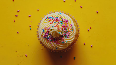A festive cupcake with sprinkles on a vibrant yellow surface, perfect for birthday party celebrations.の素材