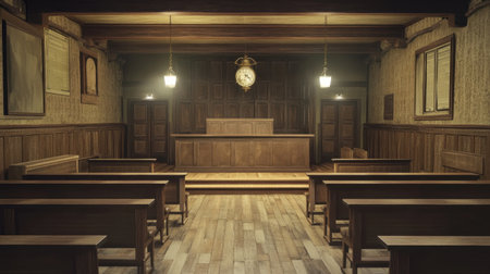 A wide-angle view of an empty wooden courtroom, prepared for the next legal case to unfold.の素材