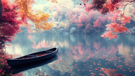 Canoe resting on a tranquil lake in autumn, with bright foliage in the background and calm water reflecting the colorful leaves.の素材