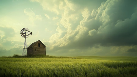 Wide-angle panorama of a serene farm landscape, with an old wooden windmill standing tall in a green field, beneath dramatic skies, with space for text or designの素材