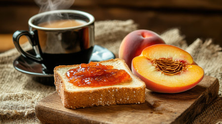 Two slices of toast with strawberry jam and a fresh peach, alongside a steaming cup of coffee, on a cozy tablecloth, with space for text or designの素材