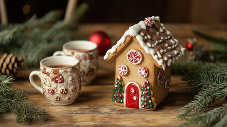 Wooden background table with December-inspired decor: hot cocoa mugs, scattered pine needles, and a small, frosted gingerbread houseの素材