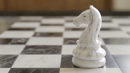 A gleaming white marble chess knight piece on a chessboard, representing strategy and intellect.の素材