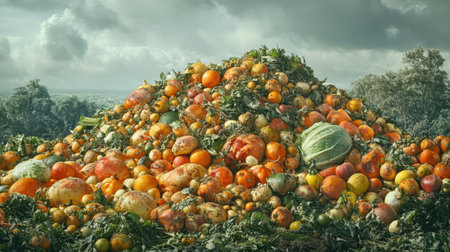 A mound of decaying fruits and vegetables, wasted and left to rot on a farm, showcasing the problem of food waste and agricultural spoilageの素材