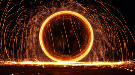 Flashing star surrounded by a mesmerizing circle of spinning sparks, with flying particles creating a dazzling light showの素材