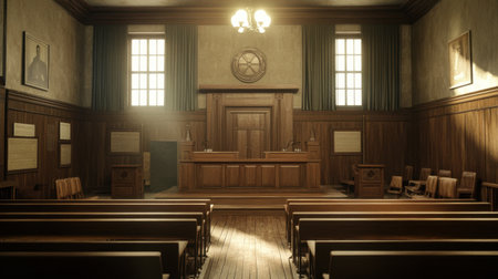A quiet, empty courtroom with wooden benches and a judge's bench, awaiting the next legal trialの素材