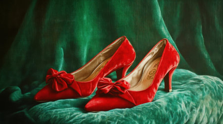 Elegant ruby slippers displayed on an emerald green backdrop, symbolizing fashion and fantasy.の素材