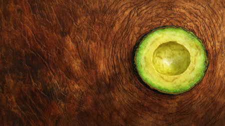 Close-up of a sliced ripe avocado placed on a wooden background, highlighting its vibrant green flesh and nutritious appealの素材