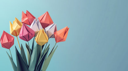 Colorful origami tulip bouquet, artfully crafted to capture the essence of spring, set against a minimalist background for a clean, stylish lookの素材