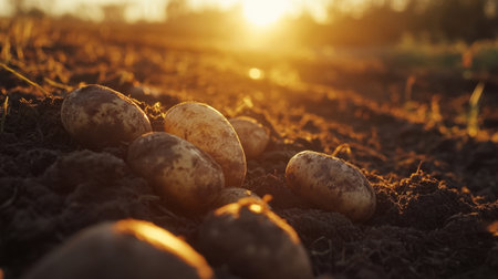 Close-up of freshly harvested potatoes resting on soil at sunset, with warm golden light highlighting the beauty of farm produceの素材