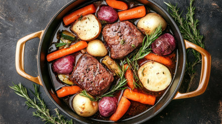 Healthy vegetable stew in a pot, with vibrant colors and tasty ingredients, showcasing French cuisine and wholesome vegetarian cookingの素材
