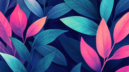 Fluorescent neon colors illuminate dark blue, pink, and green plant leaves, creating a striking textured background for creative designsの素材