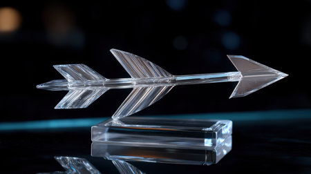 Crystal arrow-shaped award on a pedestal, showcasing a clean, modern design that represents recognition, success, and honor.の素材