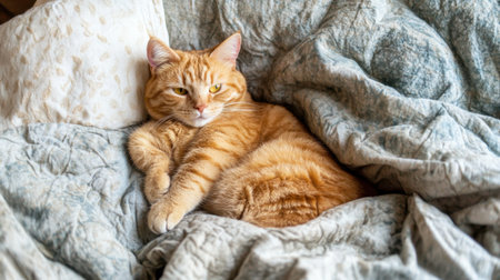 Cute Scottish fold cat with red fur and yellow eyes, peacefully resting on a comfortable bed, perfect for cozy, domestic pet themesの素材