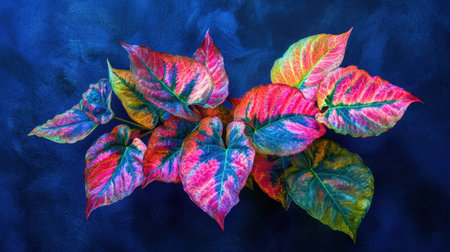 Fluorescent neon-tinted plant leaves in dark blue, pink, and green create a vibrant and textured background full of dynamic energyの素材