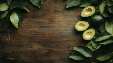 Whole and sliced ripe avocado resting on a rustic wooden surface, capturing its fresh and healthy appearance, perfect for organic food contentの素材