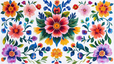 Festive and colorful floral motifs on a patterned wallpaper, representing Hispanic Heritage Month, vibrant colors reflecting the culture richness.の素材