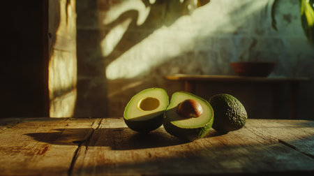 Fresh ripe avocado cut open on a rustic wooden background, showcasing its vibrant green color and healthy texture, perfect for food and nutrition visualsの素材