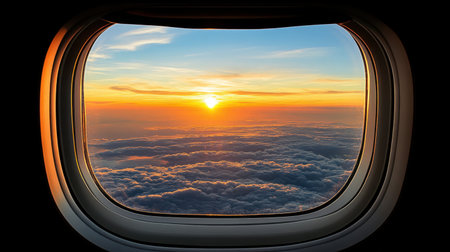 An ethereal view through an airplane window, where a warm orange sunset casts a glow over billowing cumulus cloudsの素材