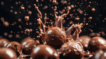 A dynamic arrangement of chocolate balls falling and splashing, their droplets shining against a dark black background.の素材