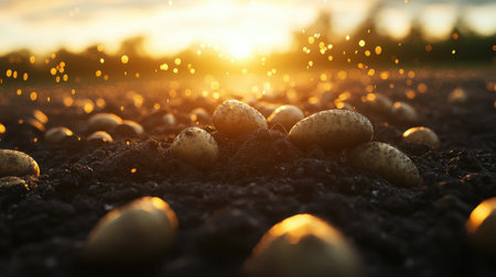 Harvested potatoes scattered on dark soil, bathed in golden sunlight at sunset, with a shallow depth of field emphasizing the natural sceneの素材