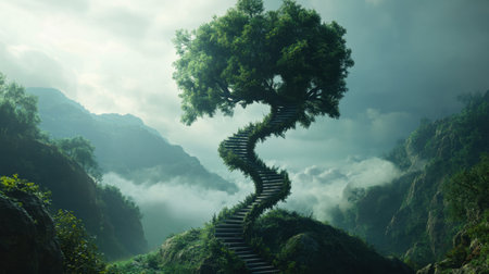 A majestic tree with a DNA helix-shaped trunk, symbolizing the evolution of life and growthの素材