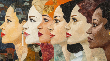 A group of women from diverse ethnicities illustrated together, representing empowerment, community, and cultural diversityの素材