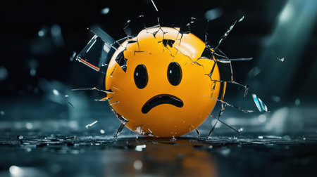 A sad emoticon emoji sits against a backdrop of shattered black glass, symbolizing emotional fragility and brokenness.の素材