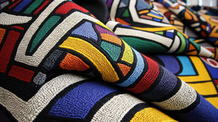 Traditional Ndebele art expressed in South African textiles, showcasing vivid patterns and geometric designs full of cultural significance.の素材