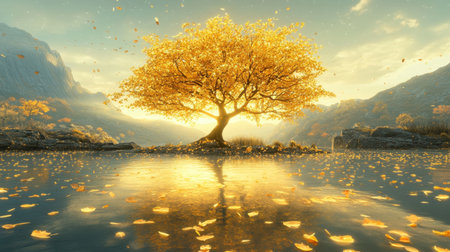 Enchanting golden tree in the middle of an autumn landscape, its leaves glowing in the soft sunlight, with fallen leaves on the ground.の素材