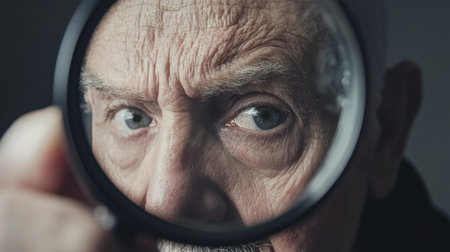 A close-up of a man examining something through a magnifying glass, his face and eye magnified with a serious expression.の素材