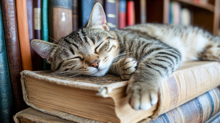 Cute cat sleeping on a tower of books, paws tucked in and head resting peacefully, in a cozy home library setting.の素材