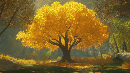 A beautiful golden tree stands out in a lush autumn forest, with vibrant leaves creating a magical, enchanting scene.の素材