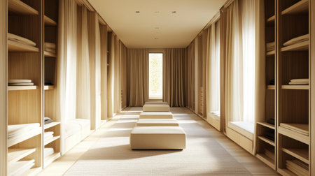 A bright, airy dressing room with natural wood furniture and soft curtains, creating a minimalist and serene atmosphere.の素材