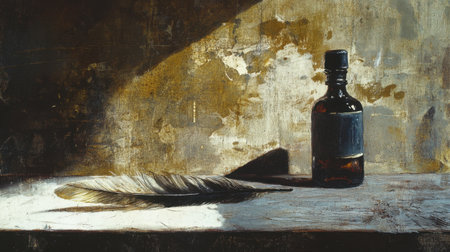 Feather quill and ink bottle on a timeworn desk, with soft natural light casting vintage shadowsの素材