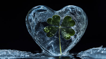 Ice block in the shape of a heart, containing a perfectly preserved four-leaf clover, frozen in time and shimmering in the coldの素材