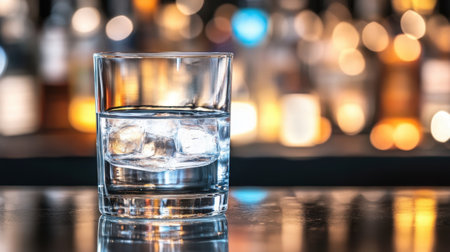 Glass of pure water on a bar, with a soft, colorful blur of alcohol bottles in the background.の素材