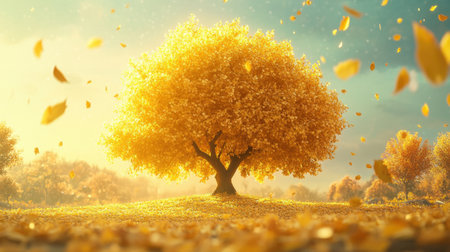 Golden-leaved tree glowing in the autumn sun, surrounded by a peaceful landscape of falling leaves and rich autumn huesの素材
