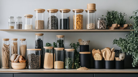 Neatly arranged products in containers on a refrigerator shelf, capturing a sense of modern kitchen organization.の素材